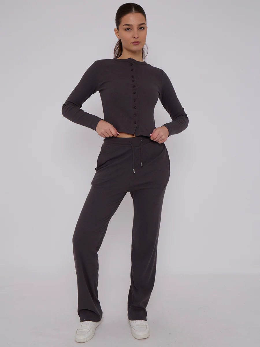 ribbed front button detail top wide leg trouser co ord slate grey