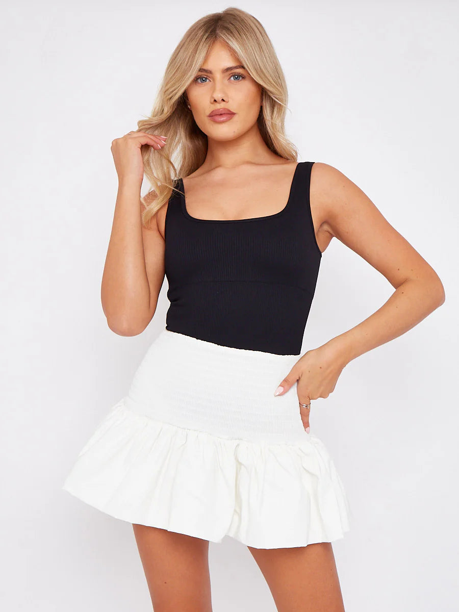 shirred high waist puffball mini skirt cream