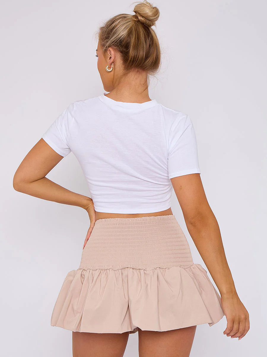 shirred high waist puffball mini skirt stone rear