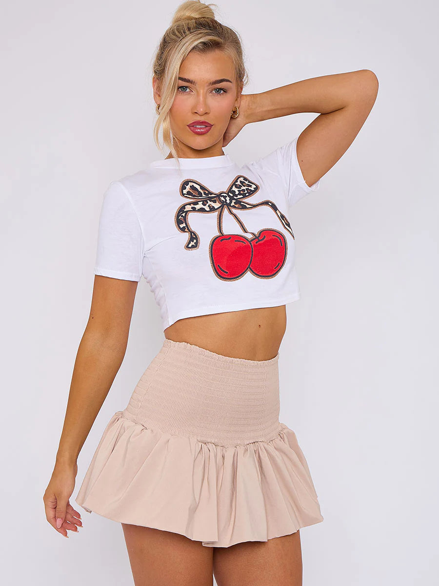 shirred high waist puffball mini skirt stone side