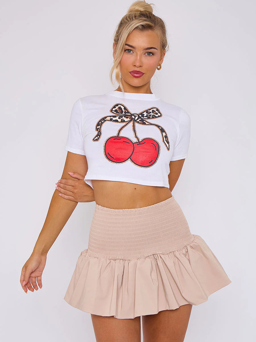 shirred high waist puffball mini skirt stone