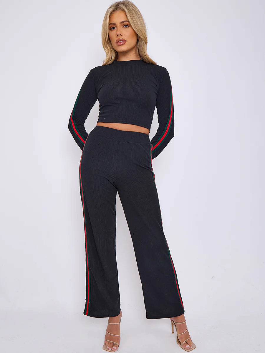 side stripe detail ribbed crop top trouser co ord black alternate