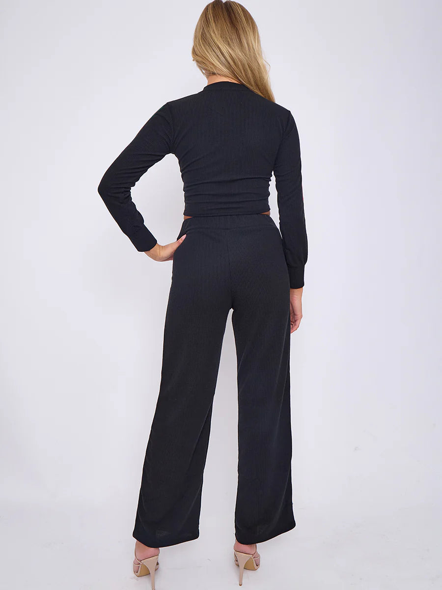 side stripe detail ribbed crop top trouser co ord black rear