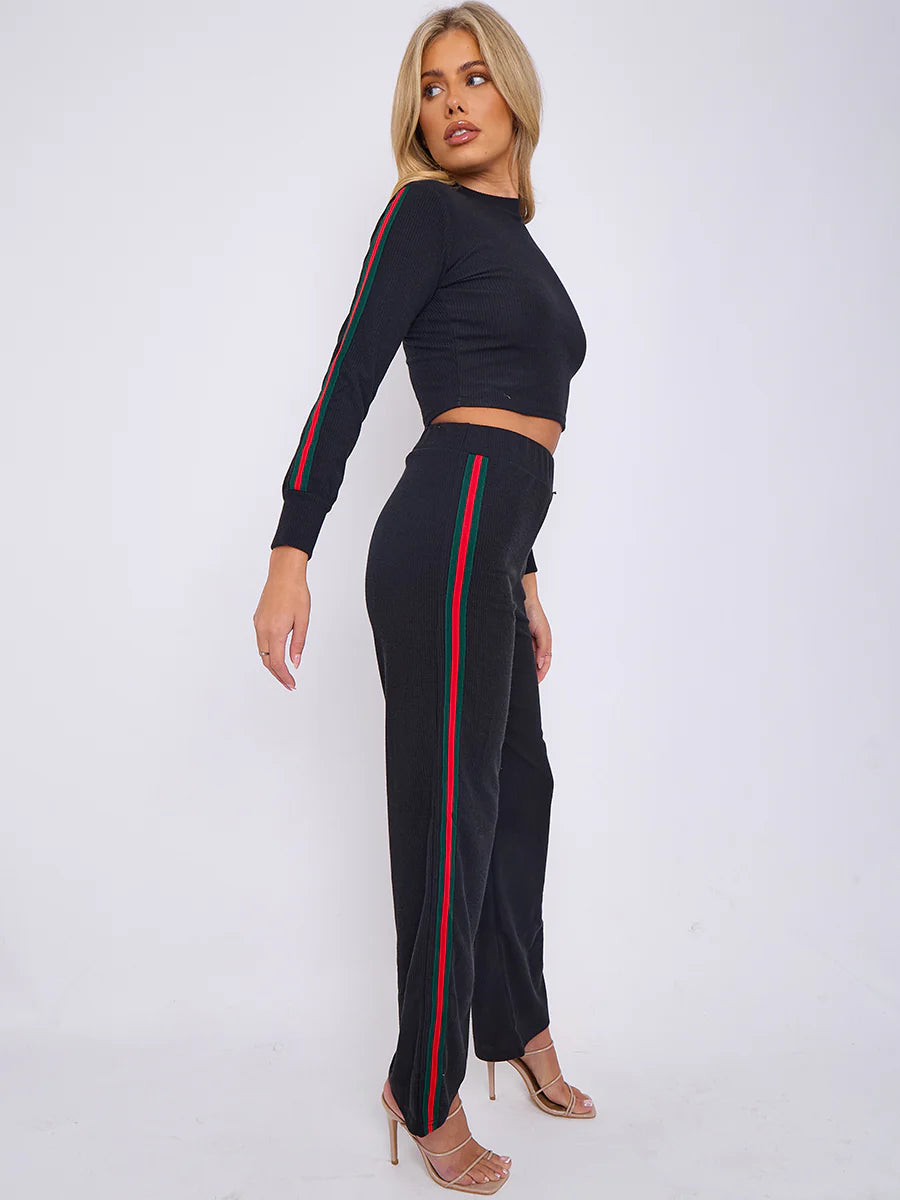 side stripe detail ribbed crop top trouser co ord black side alternate