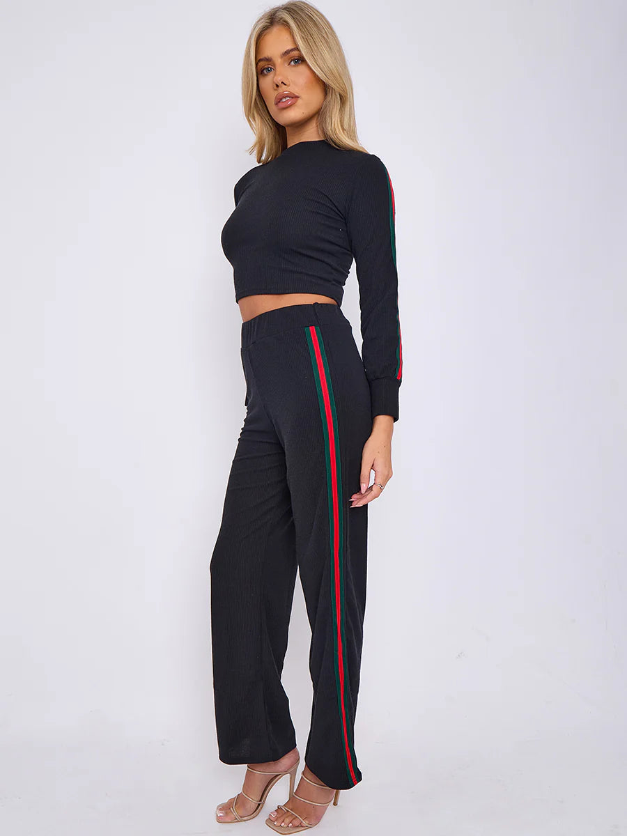 side stripe detail ribbed crop top trouser co ord black side alternative