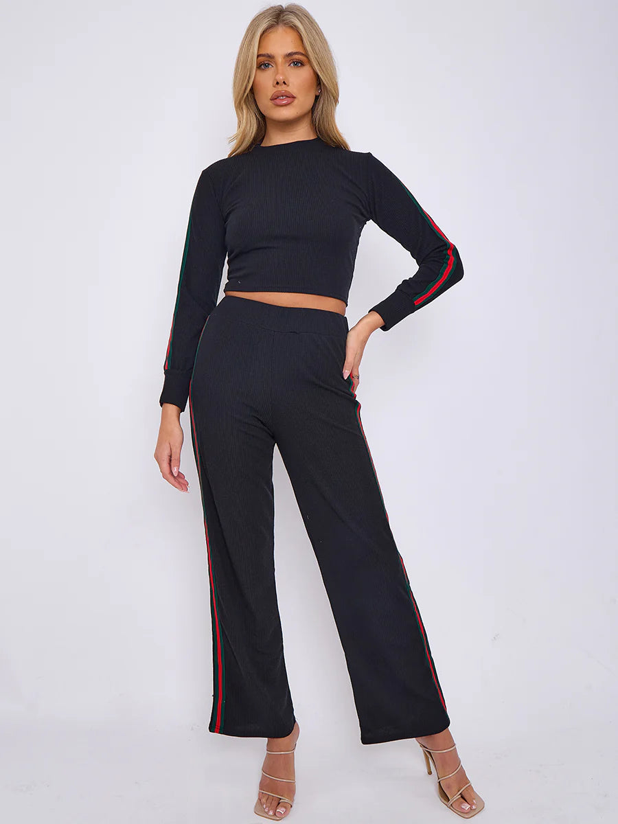 side stripe detail ribbed crop top trouser co ord black