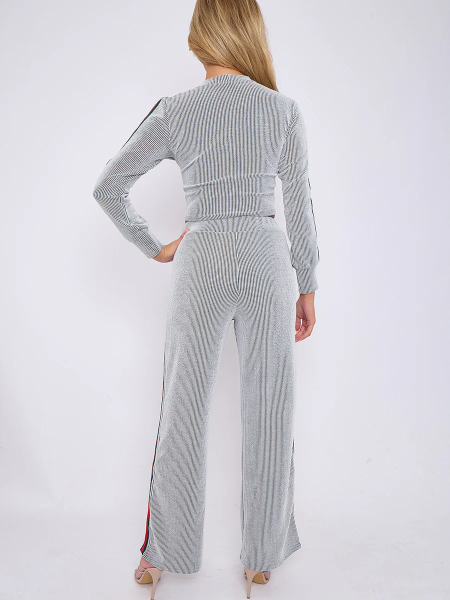 side stripe detail ribbed crop top trouser co ord grey rear