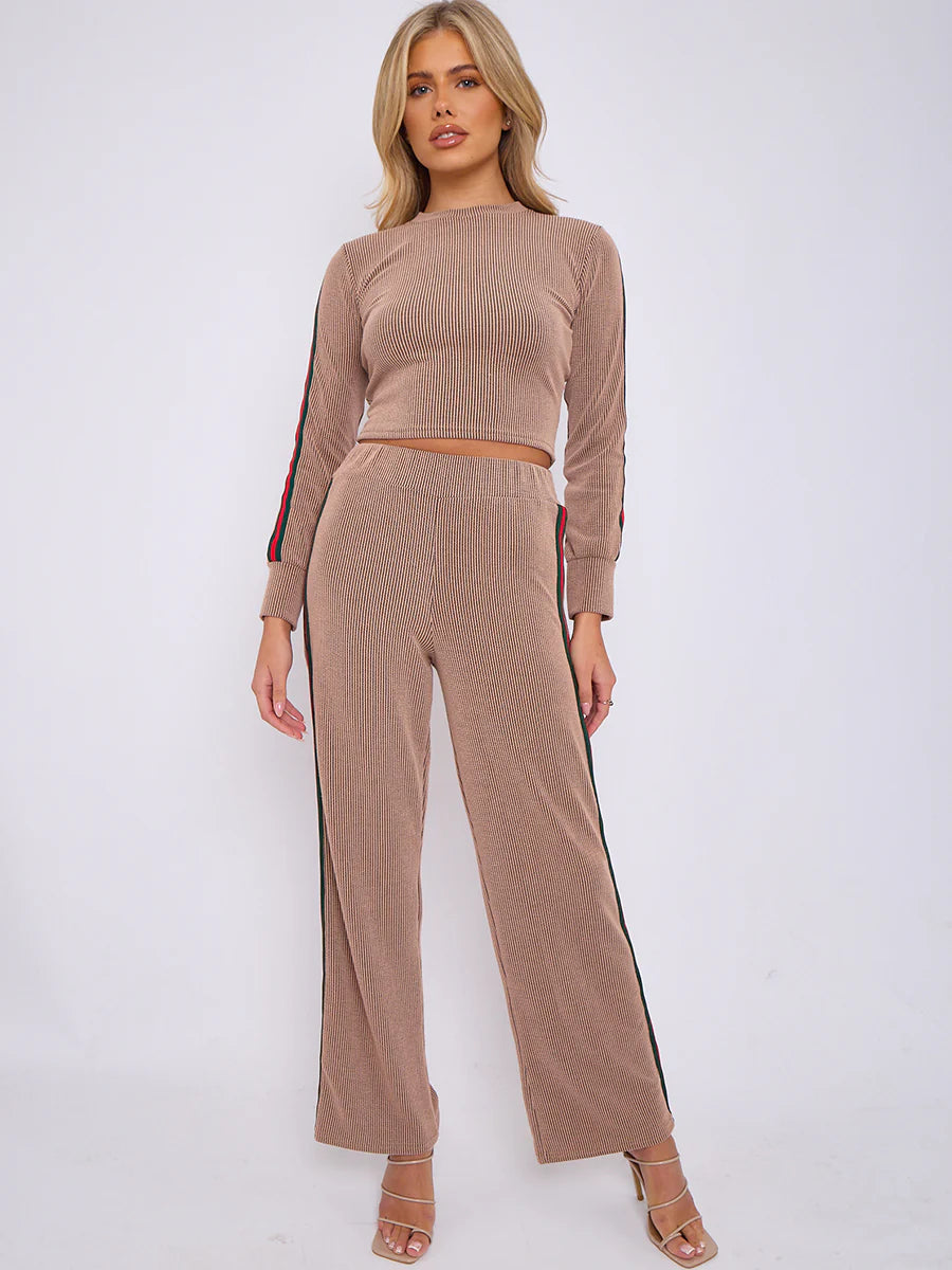 side stripe detail ribbed crop top trouser co ord mocha front