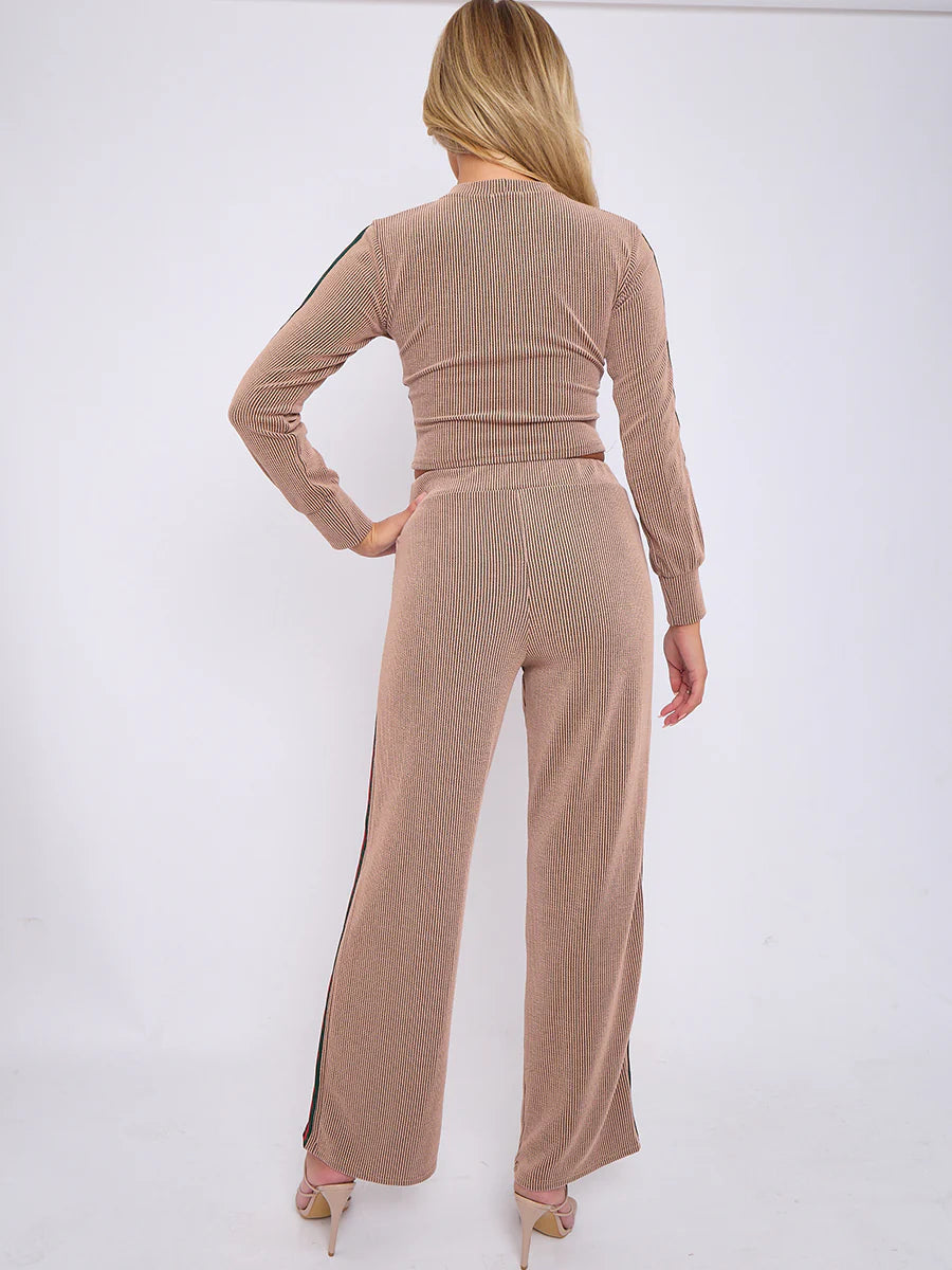 side stripe detail ribbed crop top trouser co ord mocha rear