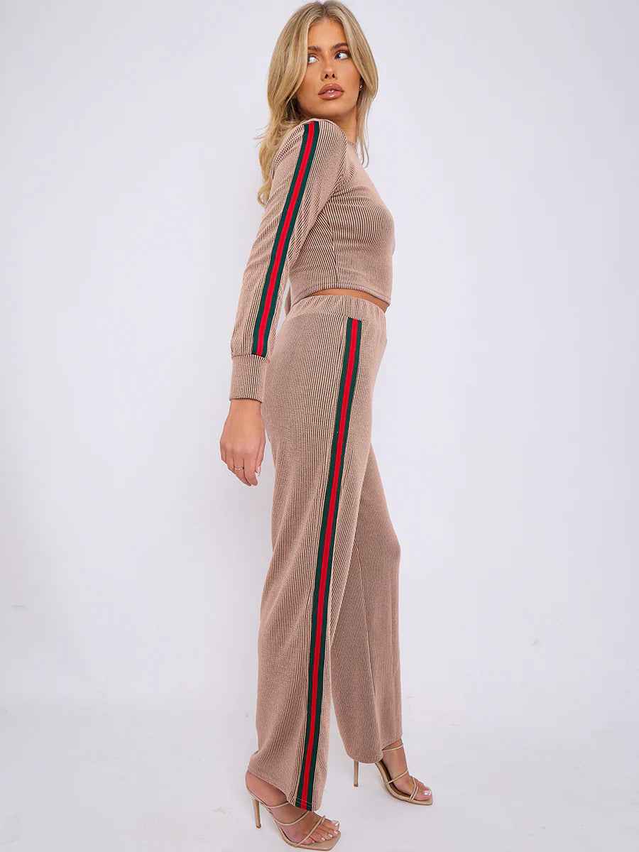 side stripe detail ribbed crop top trouser co ord mocha side alternate