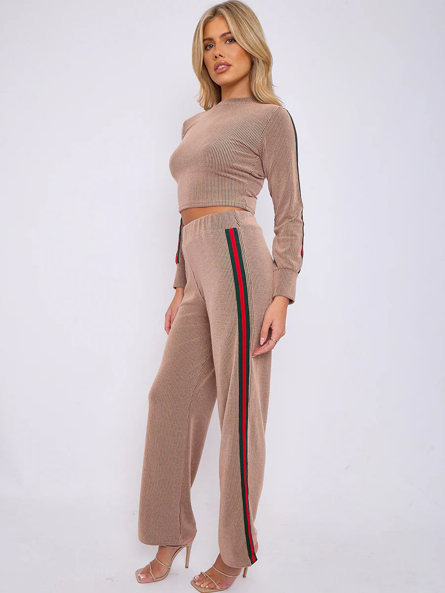 side stripe detail ribbed crop top trouser co ord mocha side