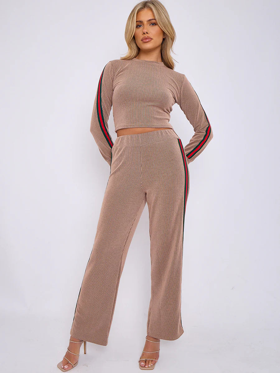 side stripe detail ribbed crop top trouser co ord mocha