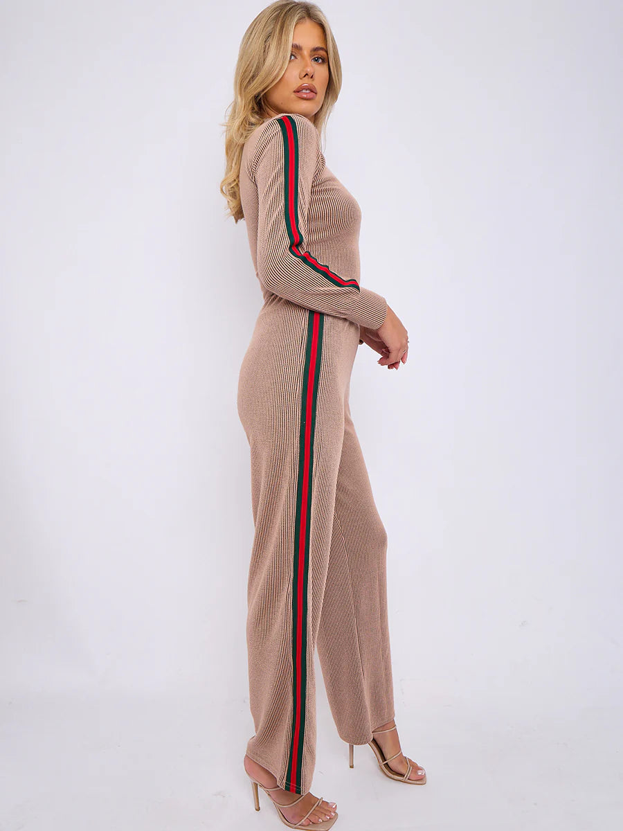 side stripe detail ribbed crop top trouser co ord side alternate