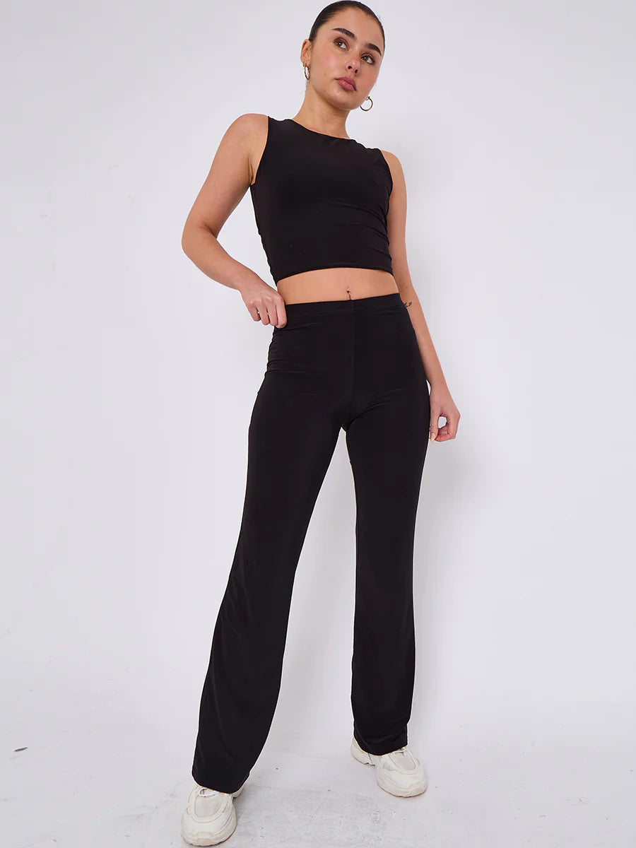 slinky crop top flare trouser co ord black