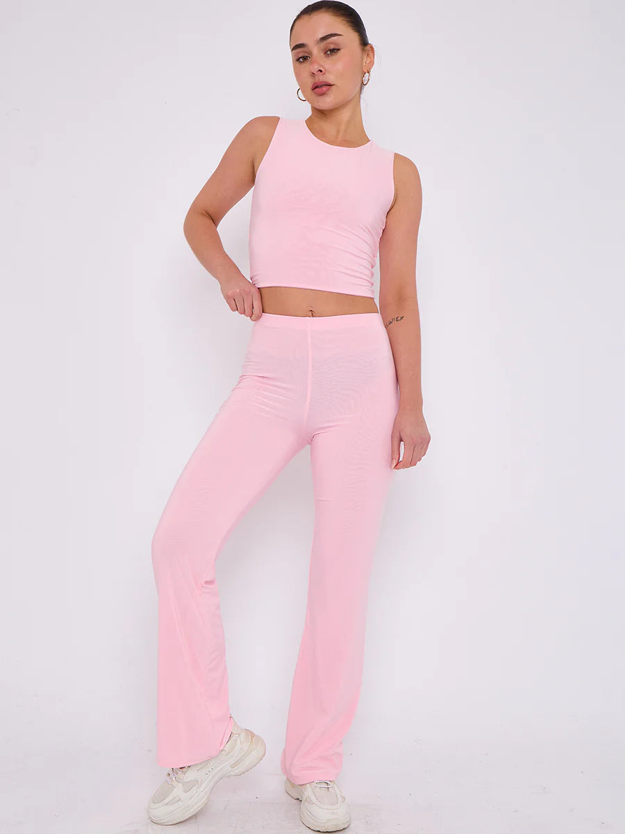 slinky crop top flare trouser co ord pink