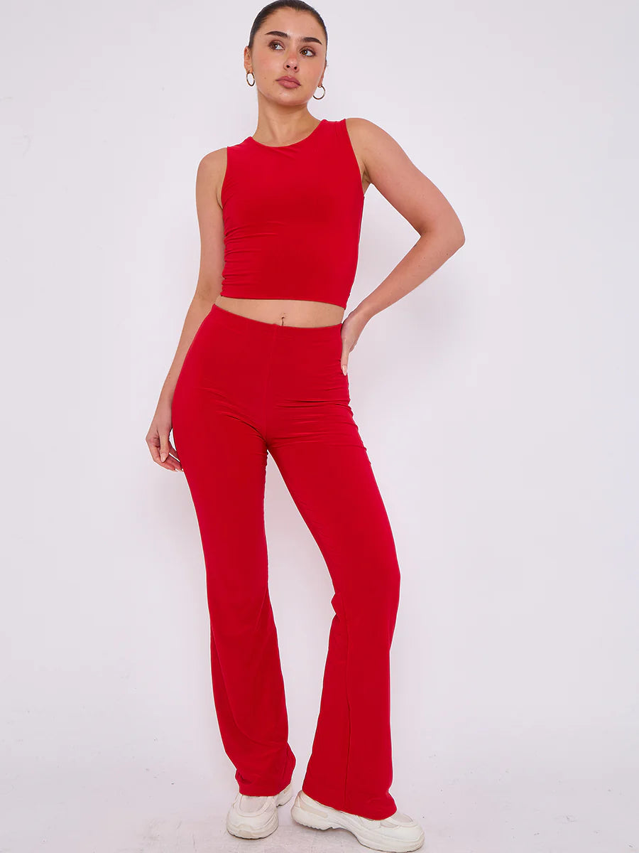 slinky crop top flare trouser co ord red