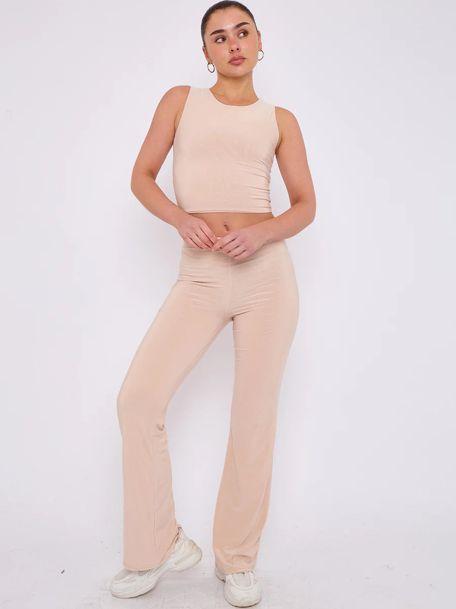 slinky crop top flare trouser co ord stone