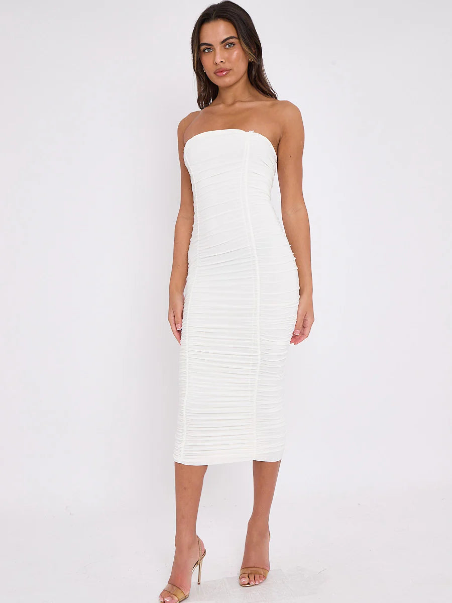 slinky ruched bandeau bodycon dress cream alternate