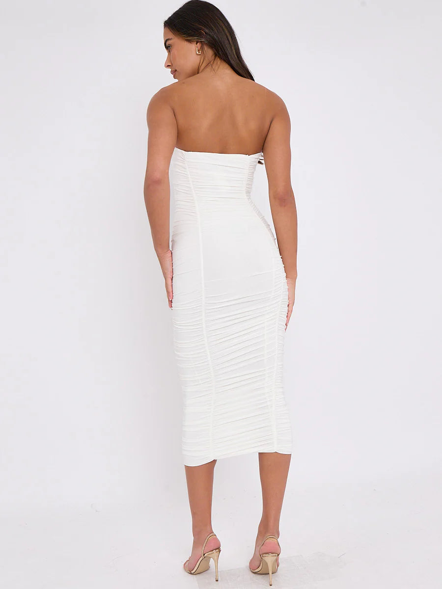 slinky ruched bandeau bodycon dress cream rear