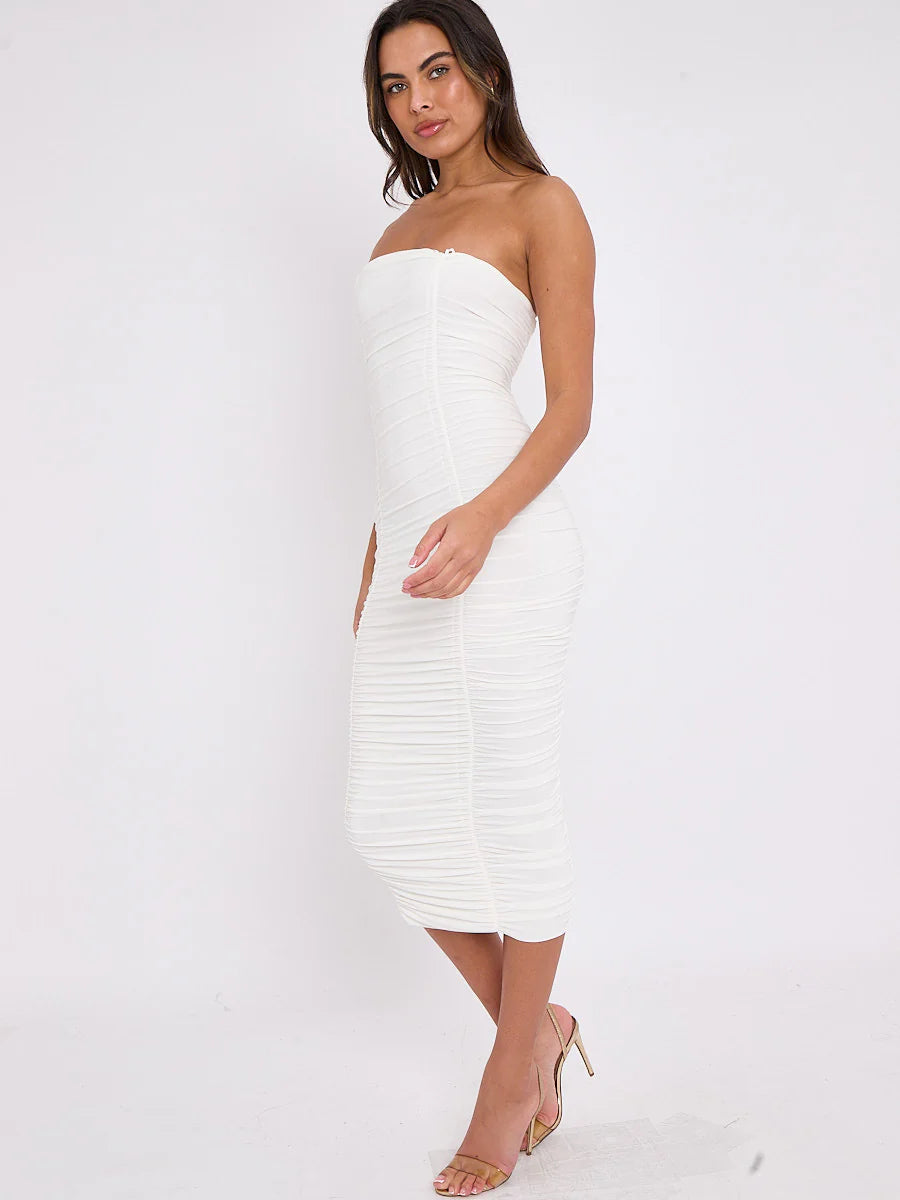 slinky ruched bandeau bodycon dress cream side