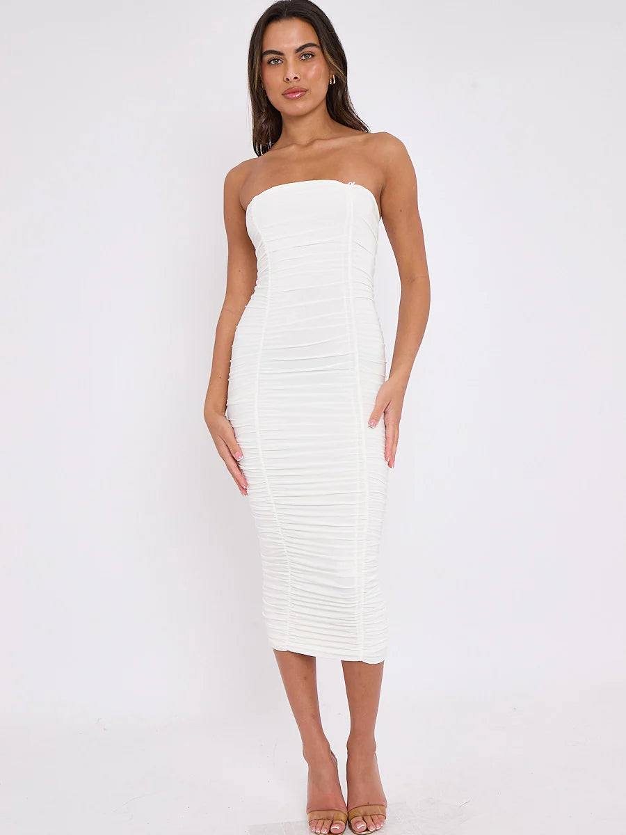 slinky ruched bandeau bodycon dress cream