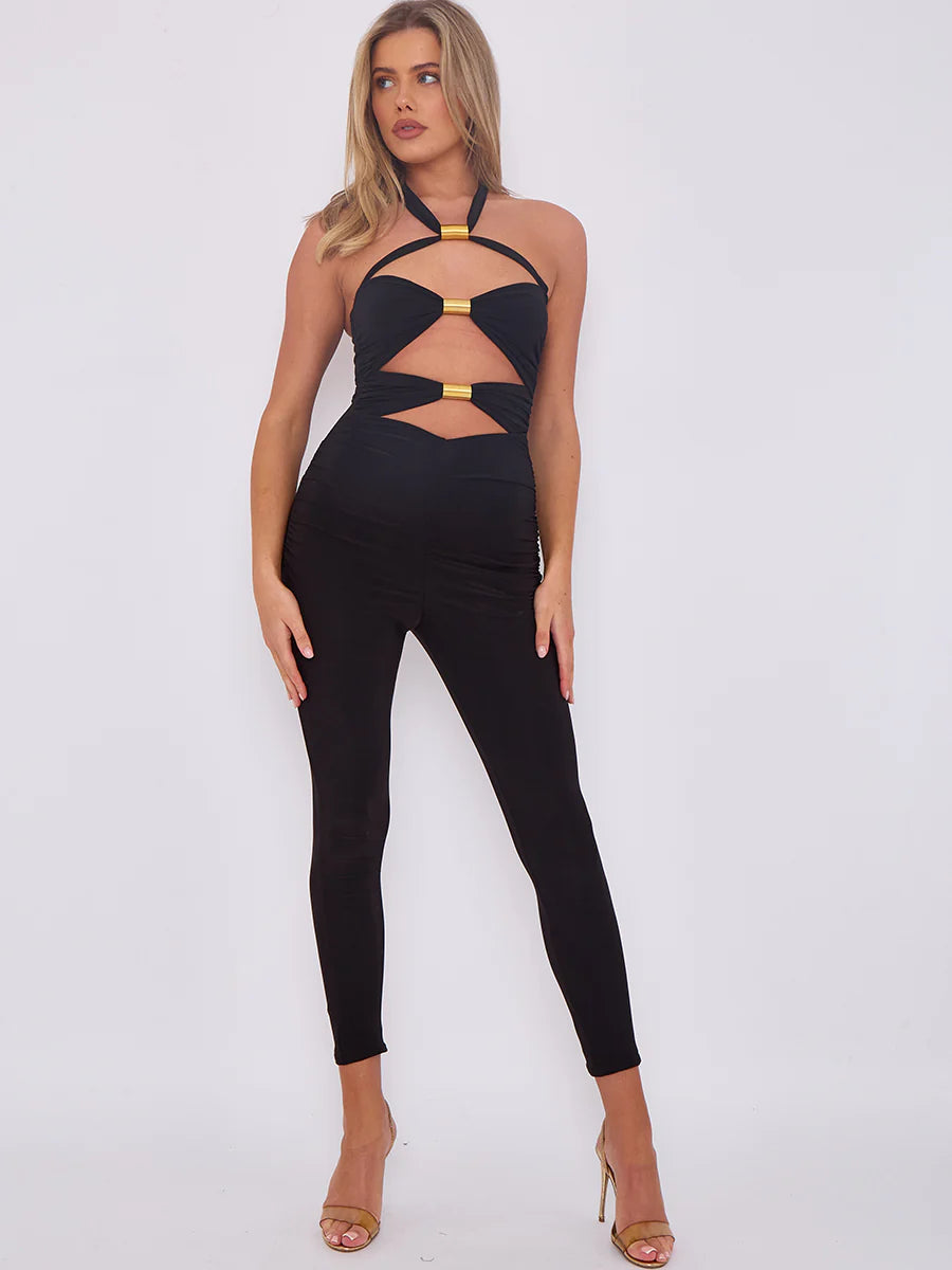 spring coil cut out detail halter jumpsuit