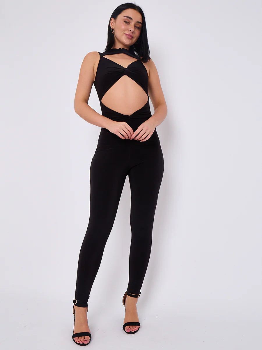 tie knot cut out slinky jumpsuit black