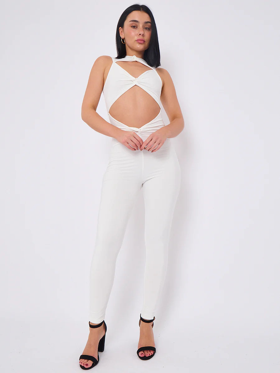 tie knot cut out slinky jumpsuit cream