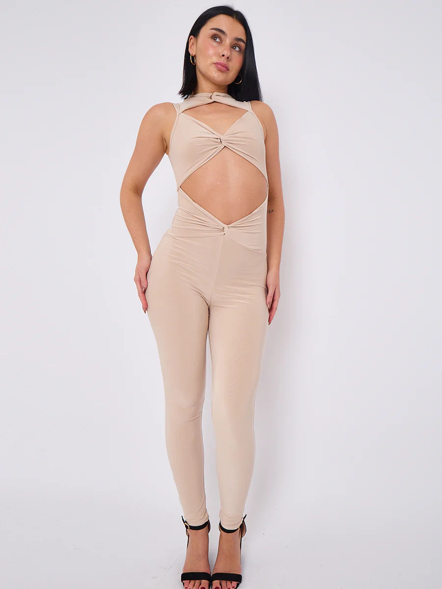 tie knot cut out slinky jumpsuit stone