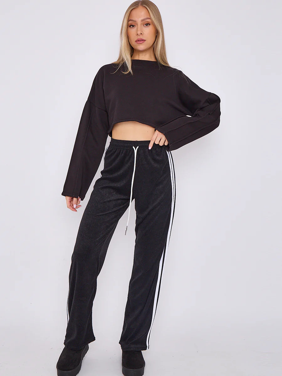 towelling wide leg trouser with stripe detail black alternate