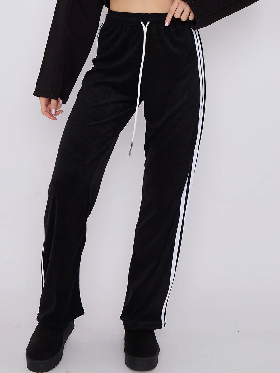 towelling wide leg trouser with stripe detail black closeup