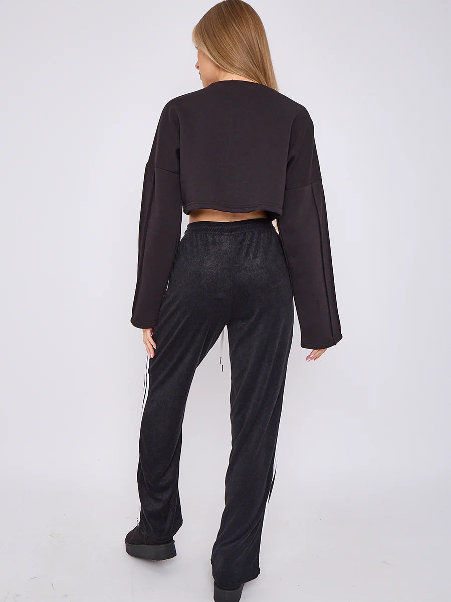 towelling wide leg trouser with stripe detail black rear