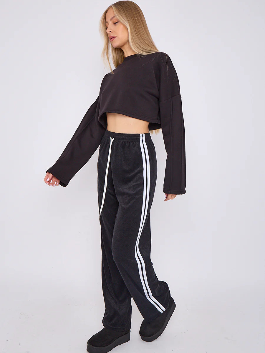 towelling wide leg trouser with stripe detail black side alternate