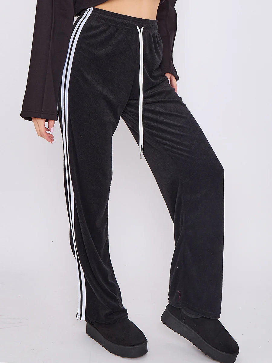 towelling wide leg trouser with stripe detail black side closeup alternate