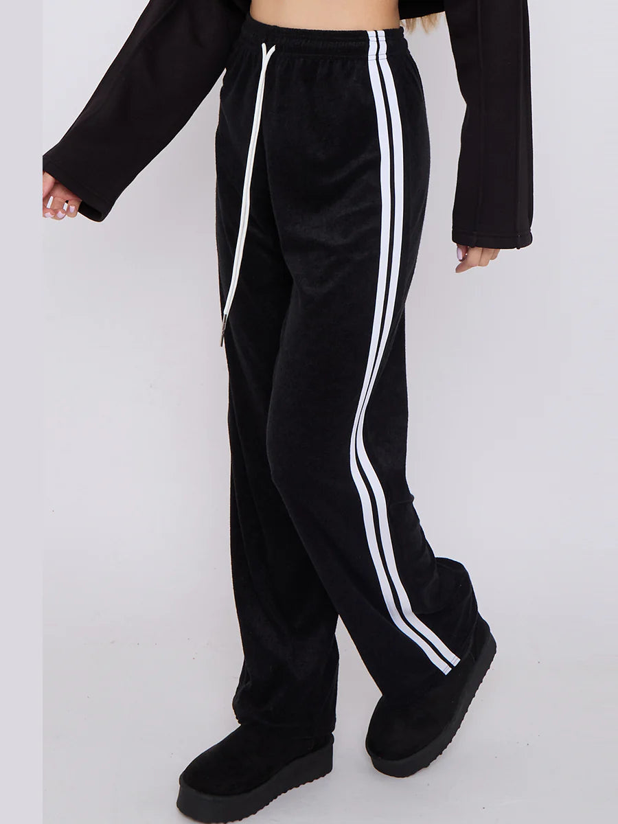 towelling wide leg trouser with stripe detail black side closeup