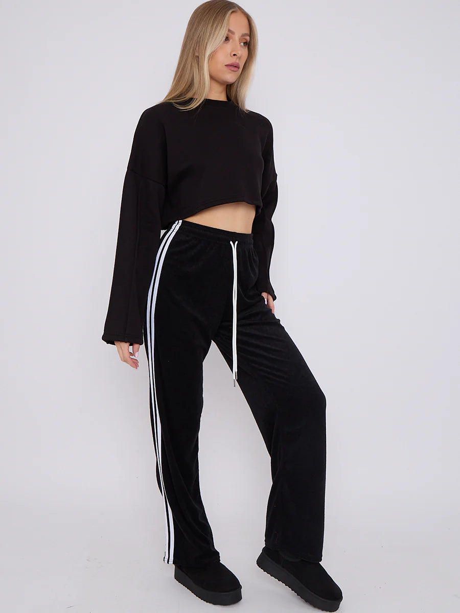 towelling wide leg trouser with stripe detail black side