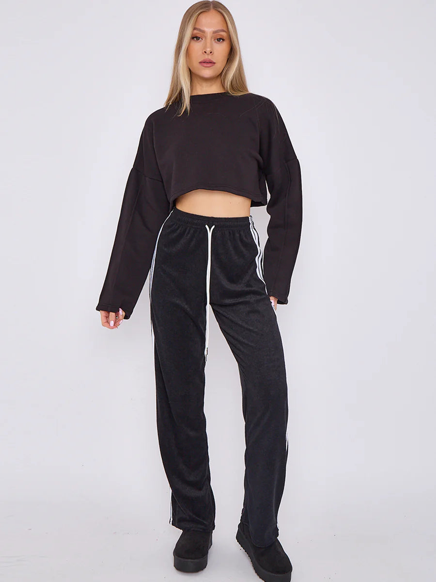 towelling wide leg trouser with stripe detail black