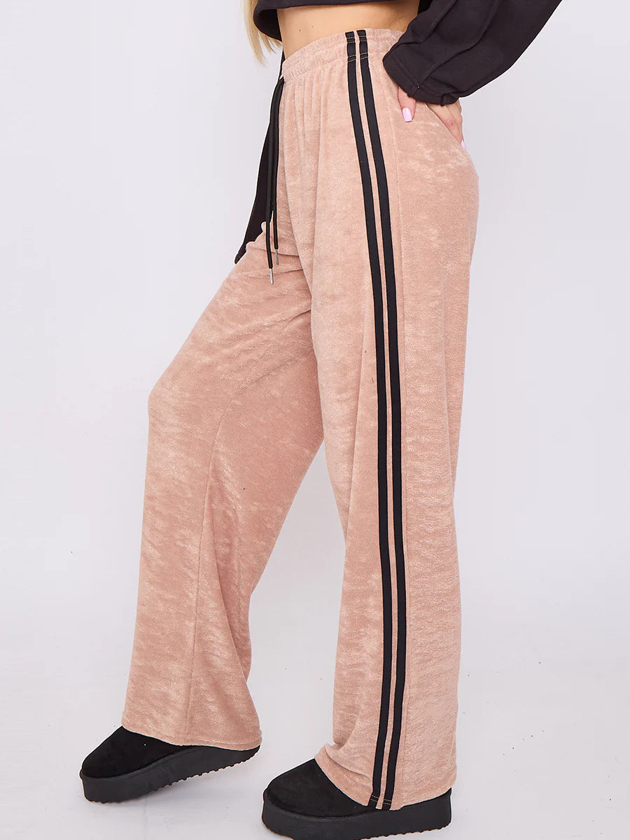 towelling wide leg trouser with stripe detail side closeup