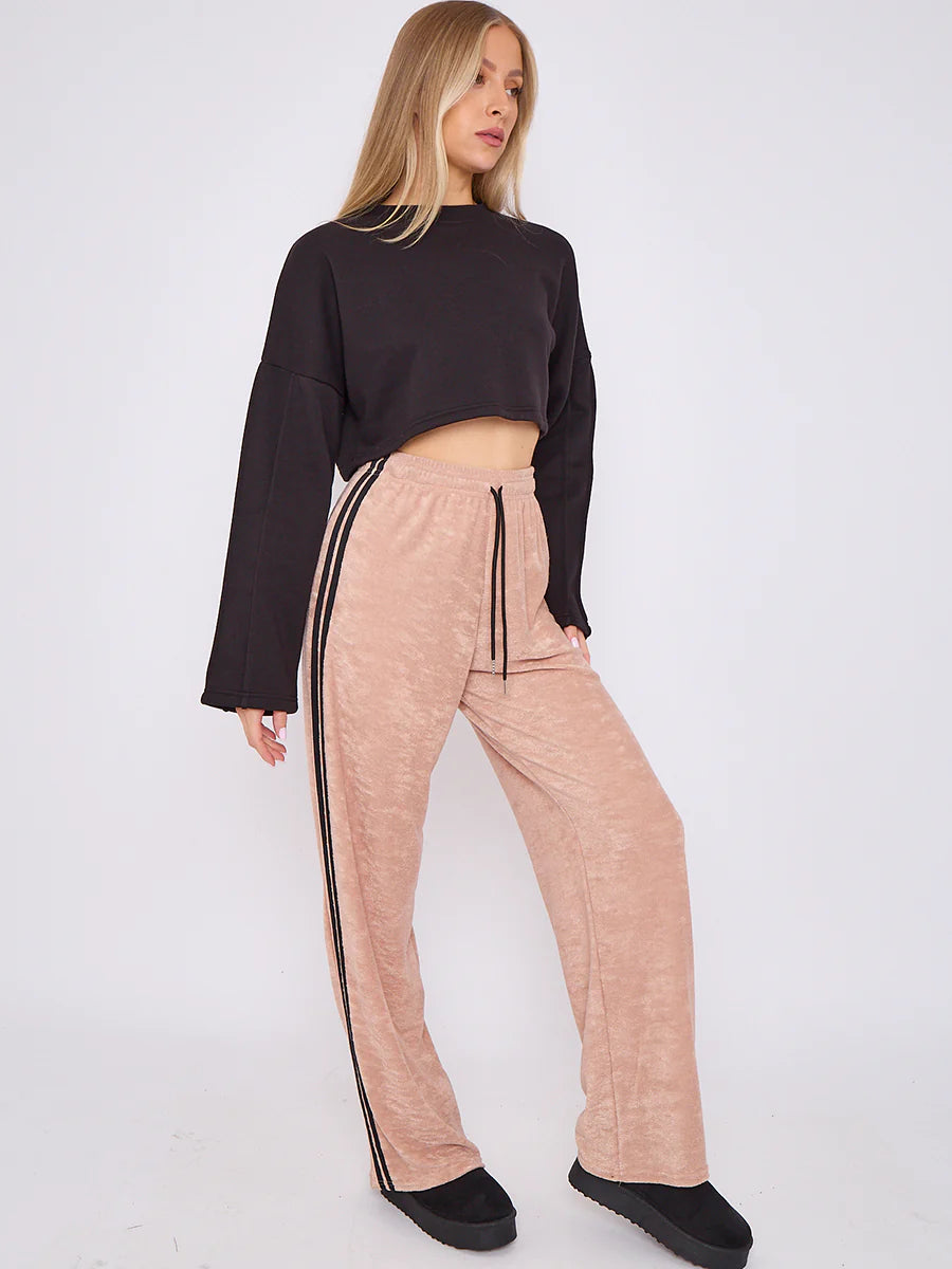 towelling wide leg trouser with stripe detail stone pose