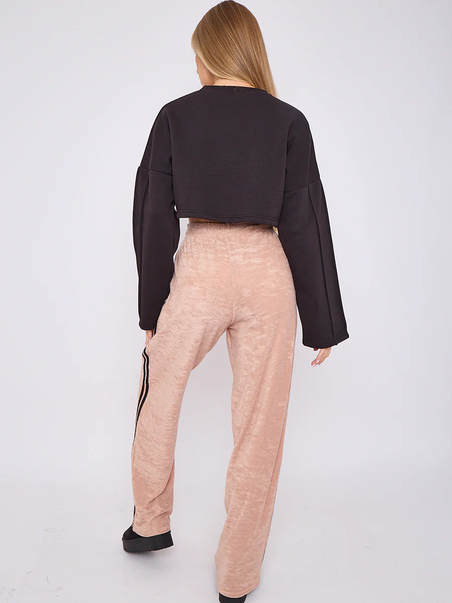 towelling wide leg trouser with stripe detail stone rear