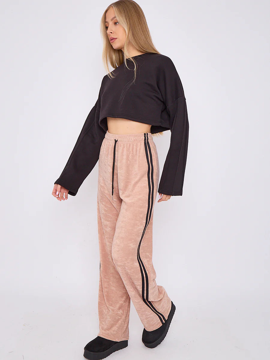 towelling wide leg trouser with stripe detail stone side alternate