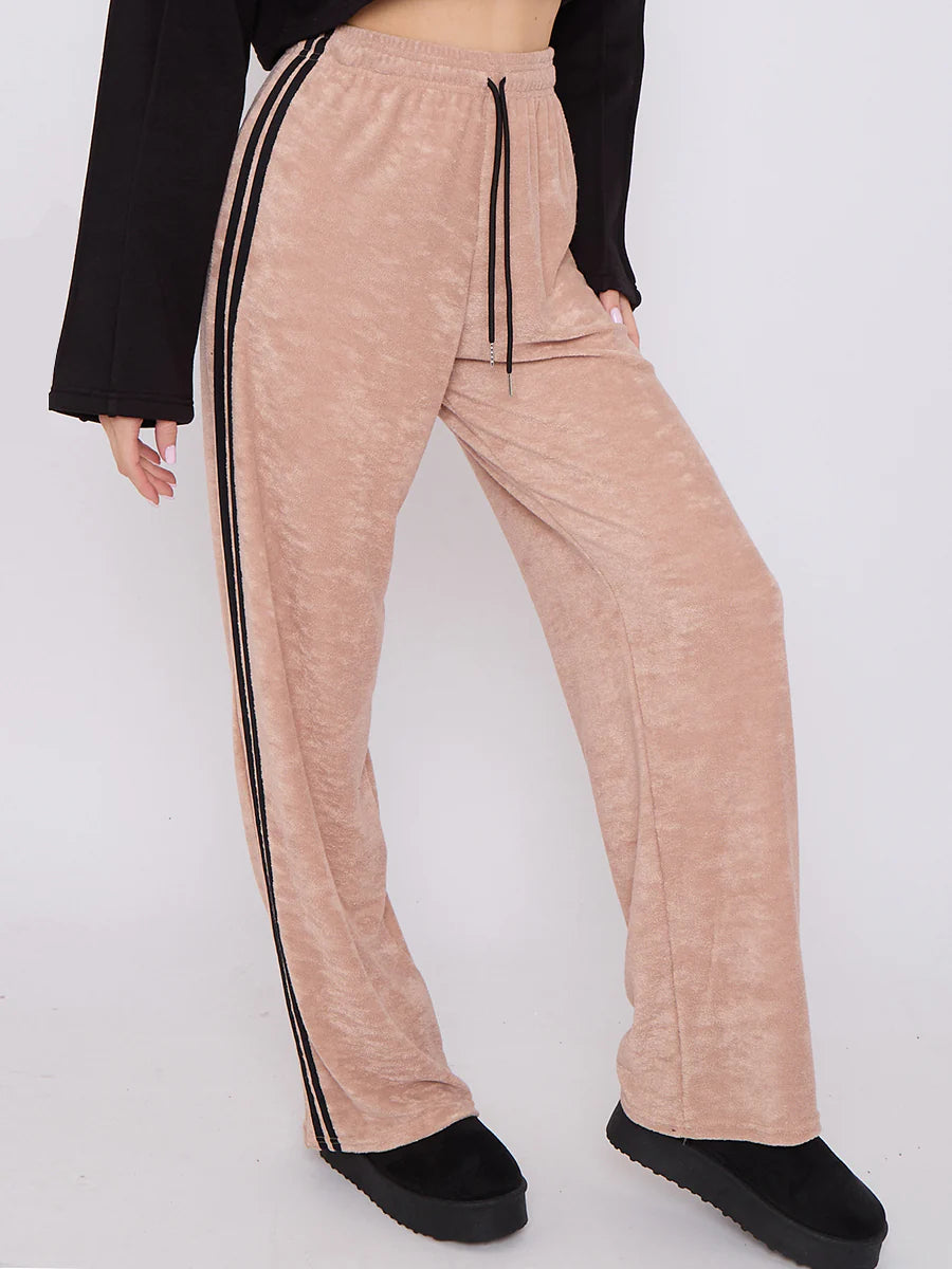 towelling wide leg trouser with stripe detail stone side