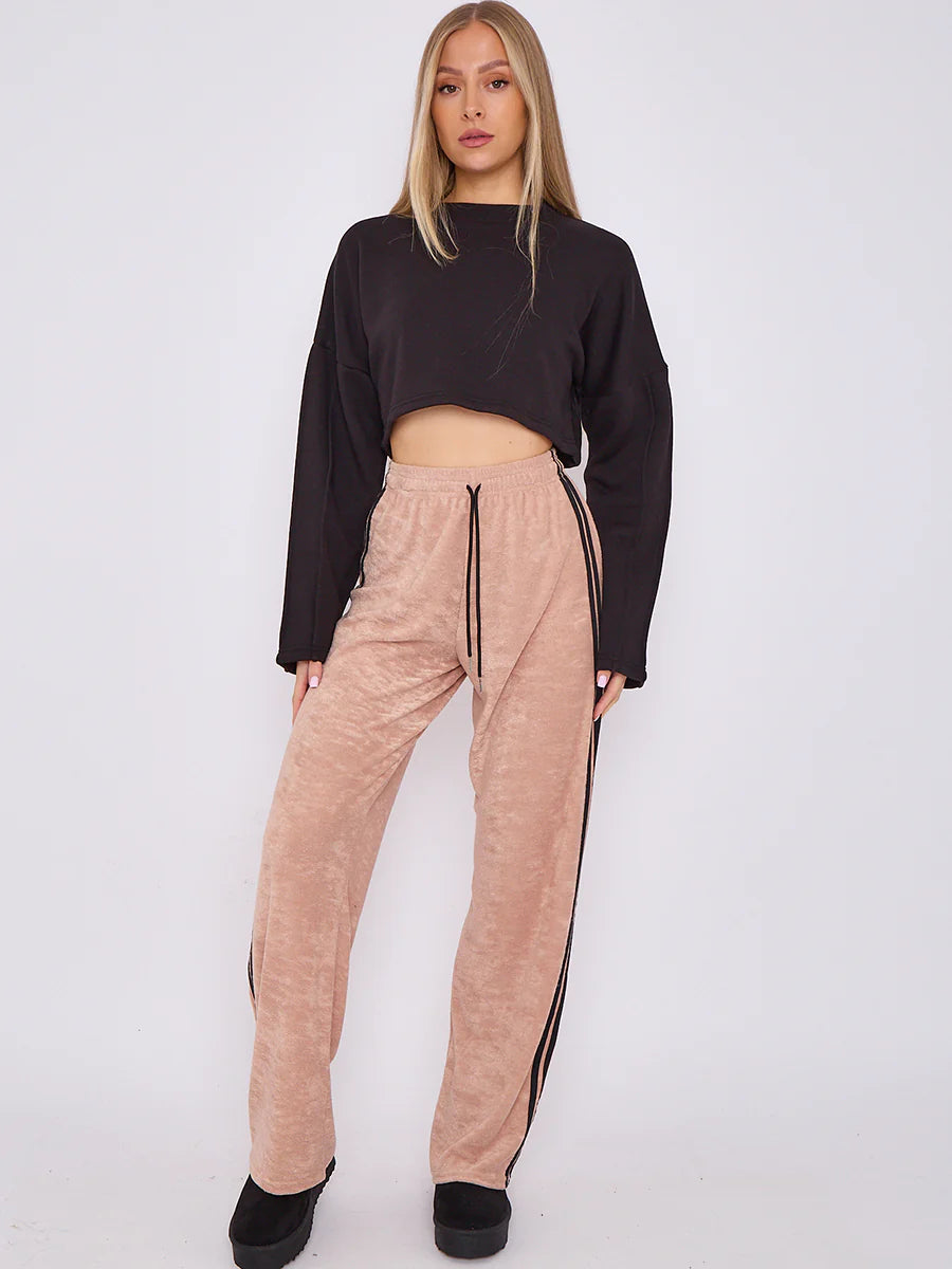 towelling wide leg trouser with stripe detail stone