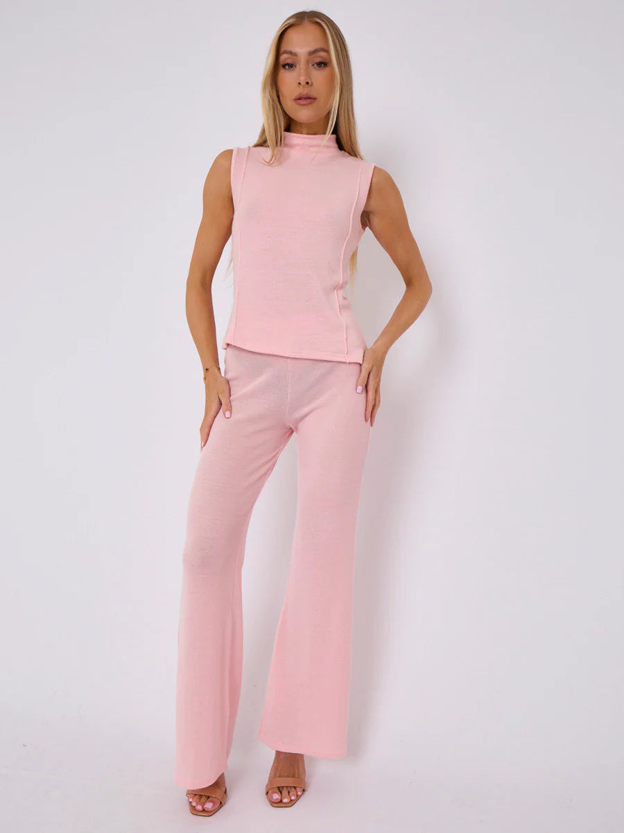 woven knit asymmetric high neck sleeveless top flared trouser co ord pink alternate