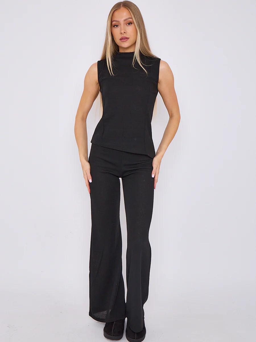 woven knit asymmetric high neck sleeveless top flared trouser co ord black alternate