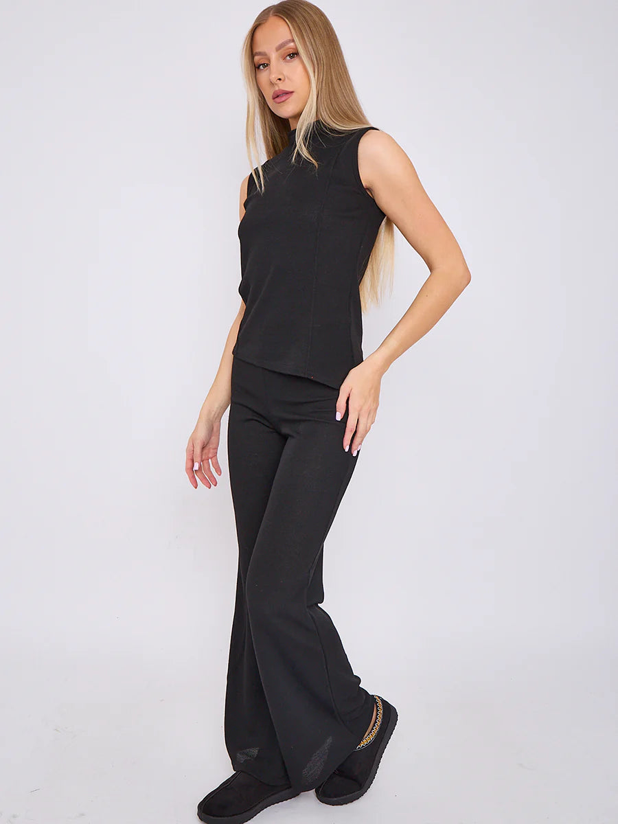 woven knit asymmetric high neck sleeveless top flared trouser co ord black side alternate