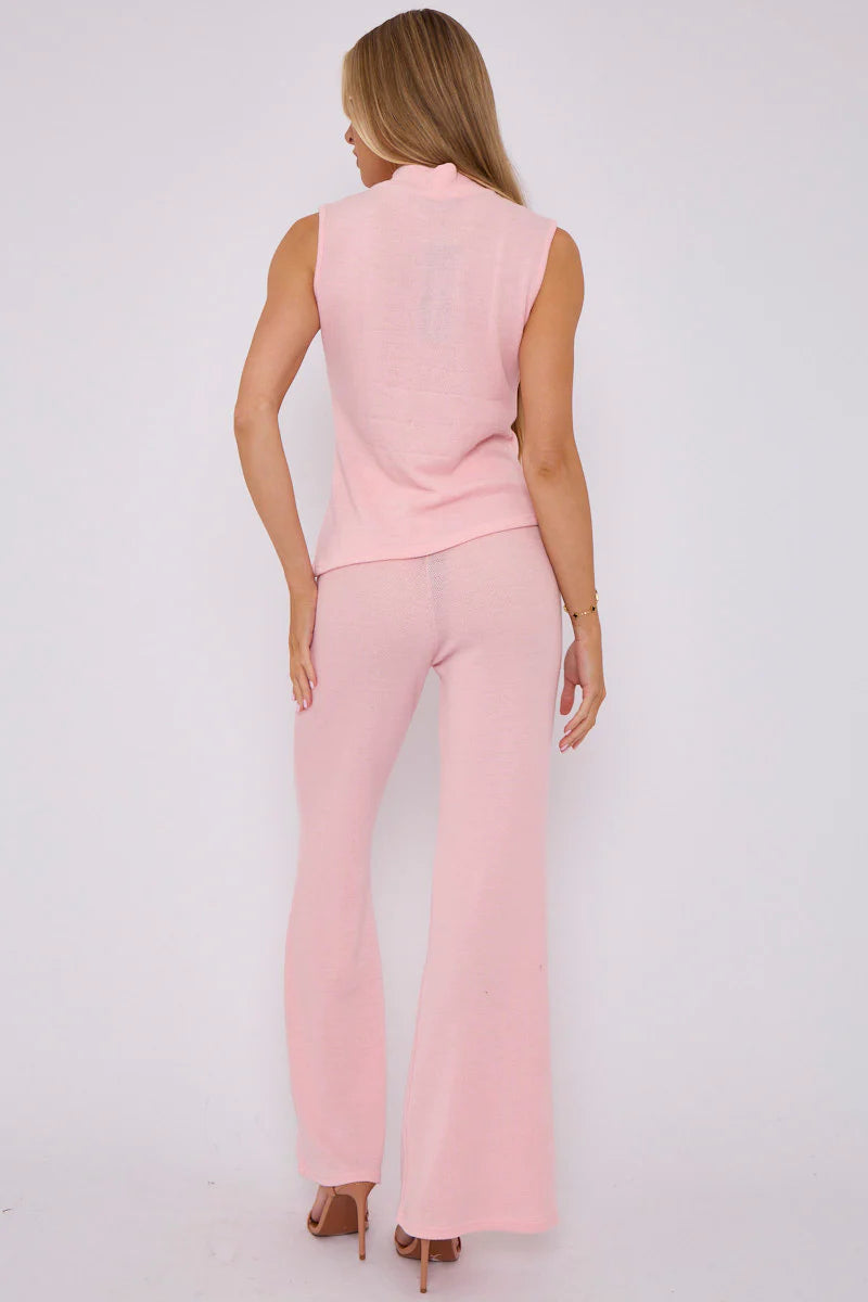 woven knit asymmetric high neck sleeveless top flared trouser co ord pink rear