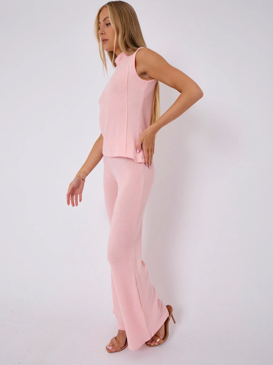 woven knit asymmetric high neck sleeveless top flared trouser co ord pink side