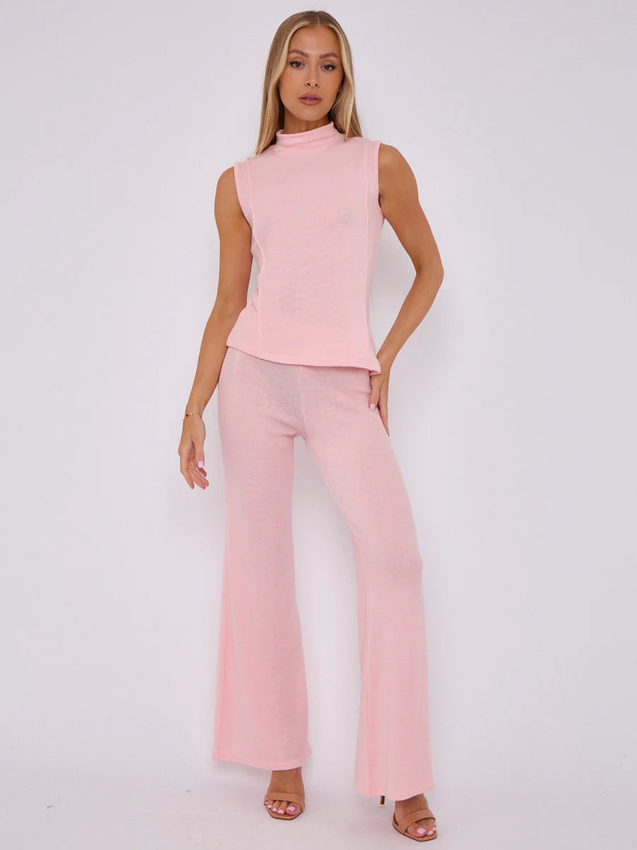 woven knit asymmetric high neck sleeveless top flared trouser co ord pink