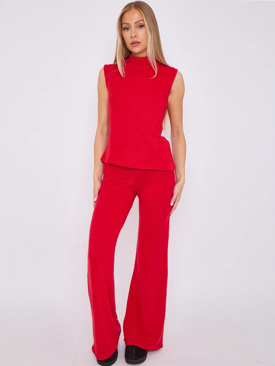 woven knit asymmetric high neck sleeveless top flared trouser co ord red alternate